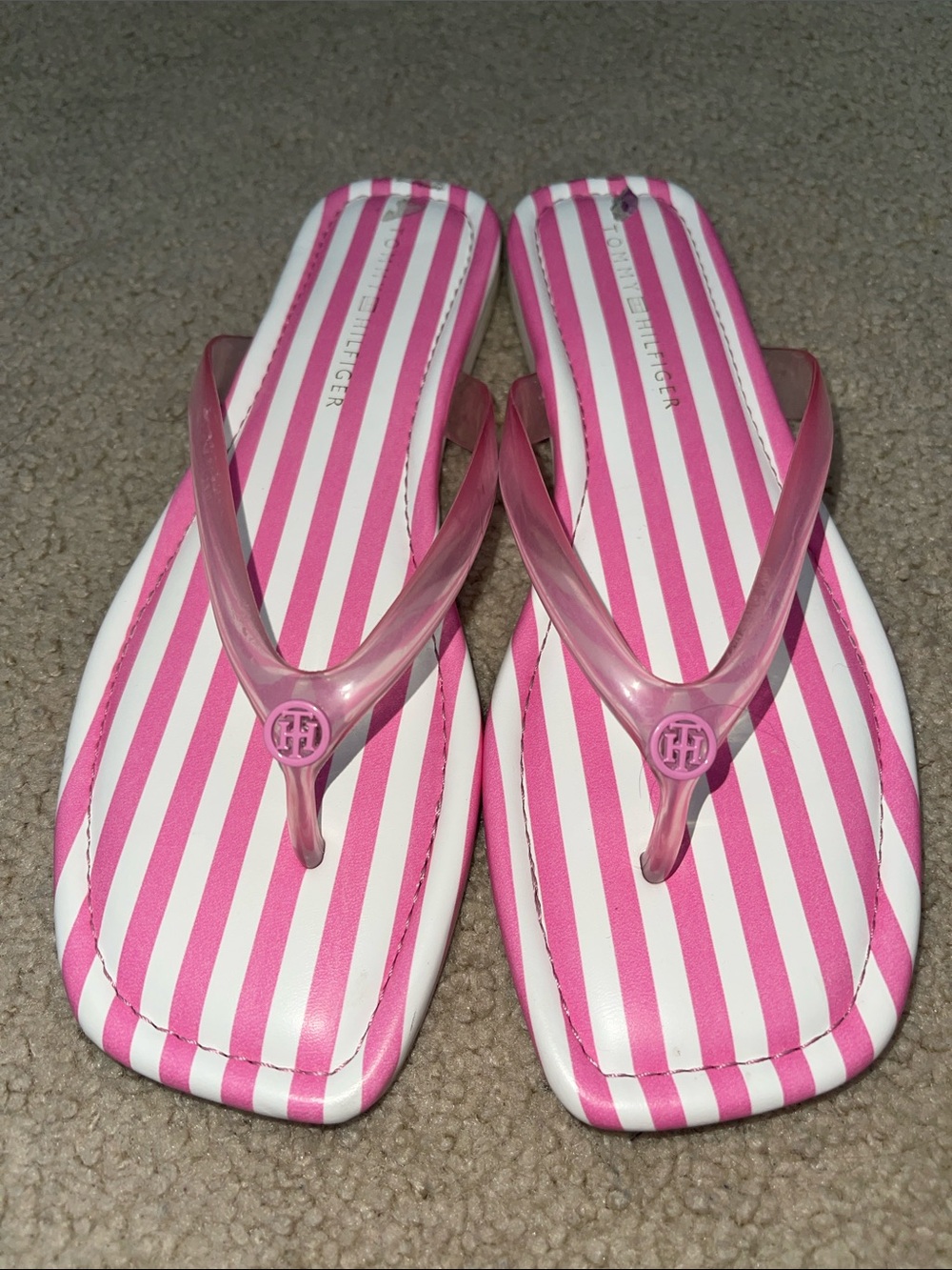 Tommy Hilfiger Pink & White Striped Flip Flops with Logo Medallion